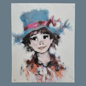 Vintage 1960s A. Koros Sr. Style Young Person In a Blue Hat, Unframed